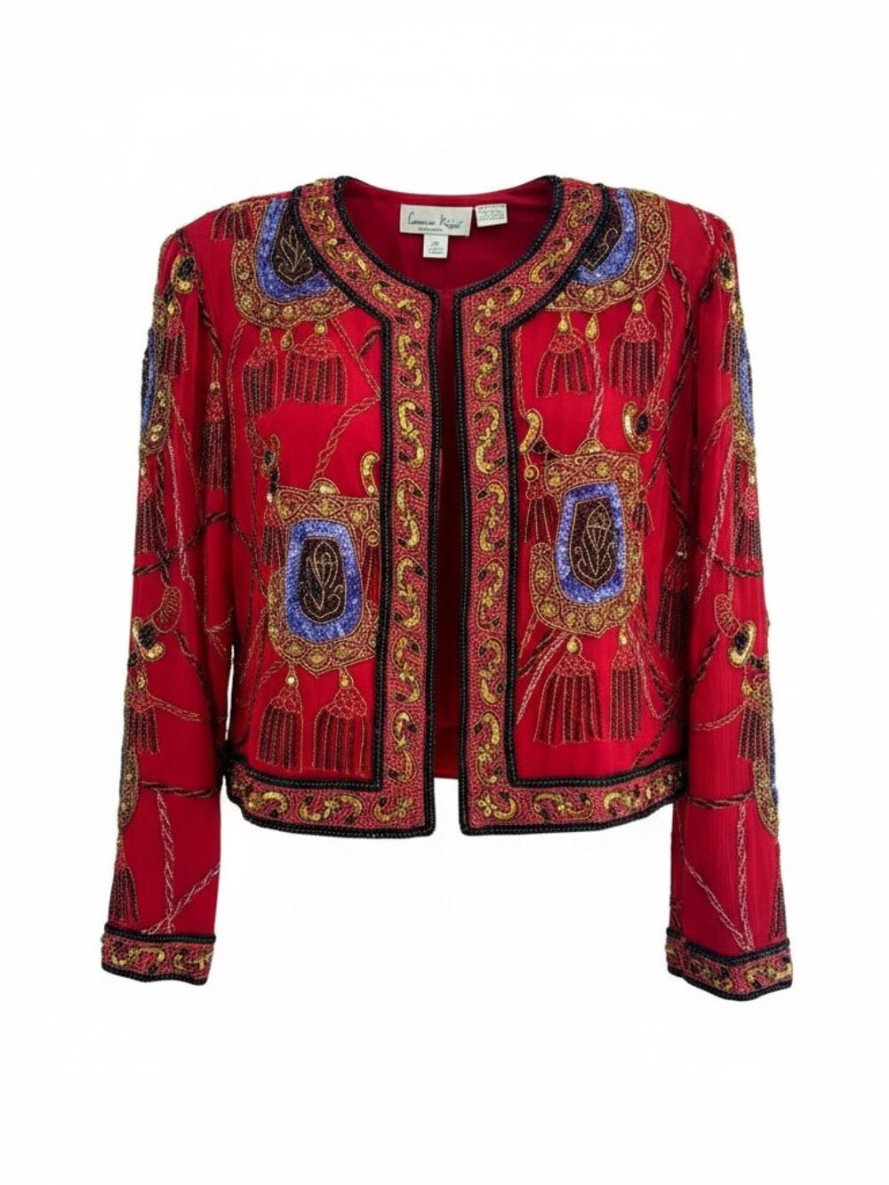Laurence Kazar 100% Silk Red Beaded Jacket Top Tassel Cord Size S Vntg 90s Glam